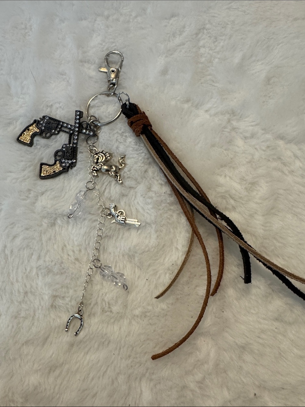Tassel and Charm Keychain - Brown & Black Leather with Silver Charms